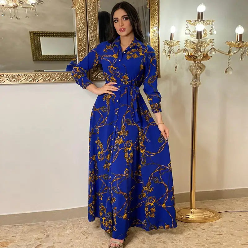 Women’s Middle Eastern Muslim Vintage Print Lace-Up Dress - Blue / 2XL