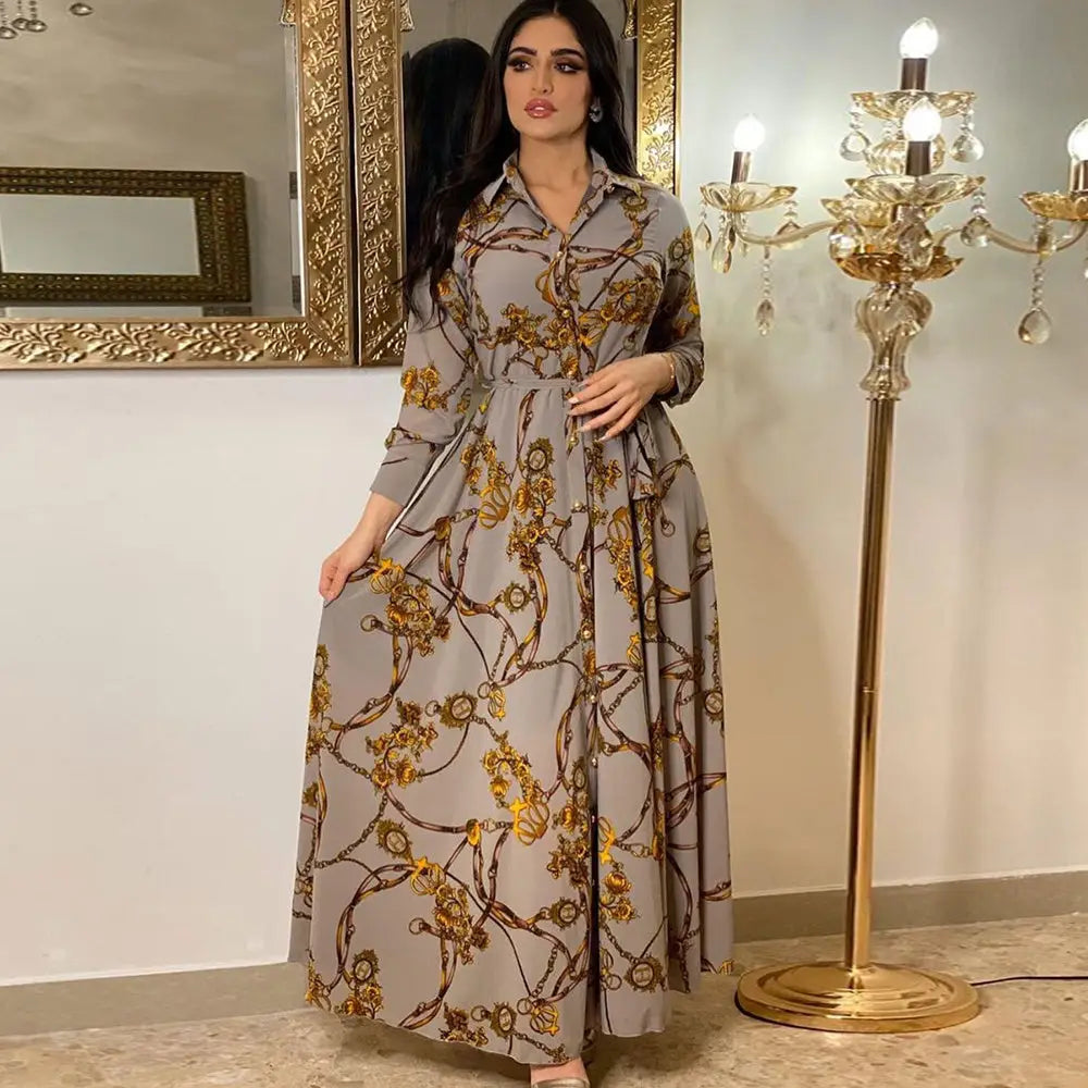 Women’s Middle Eastern Muslim Vintage Print Lace-Up Dress - Grey / S