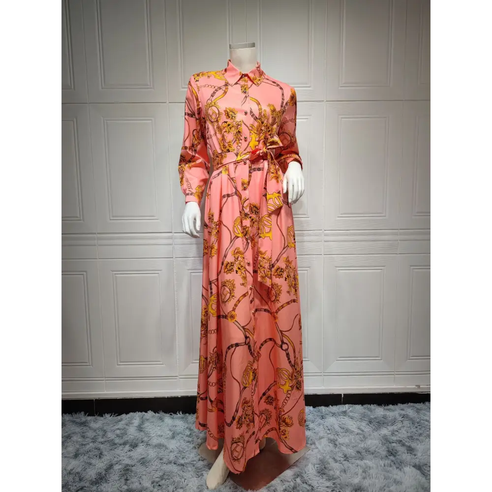Women’s Middle Eastern Muslim Vintage Print Lace-Up Dress - Pink / 2XL