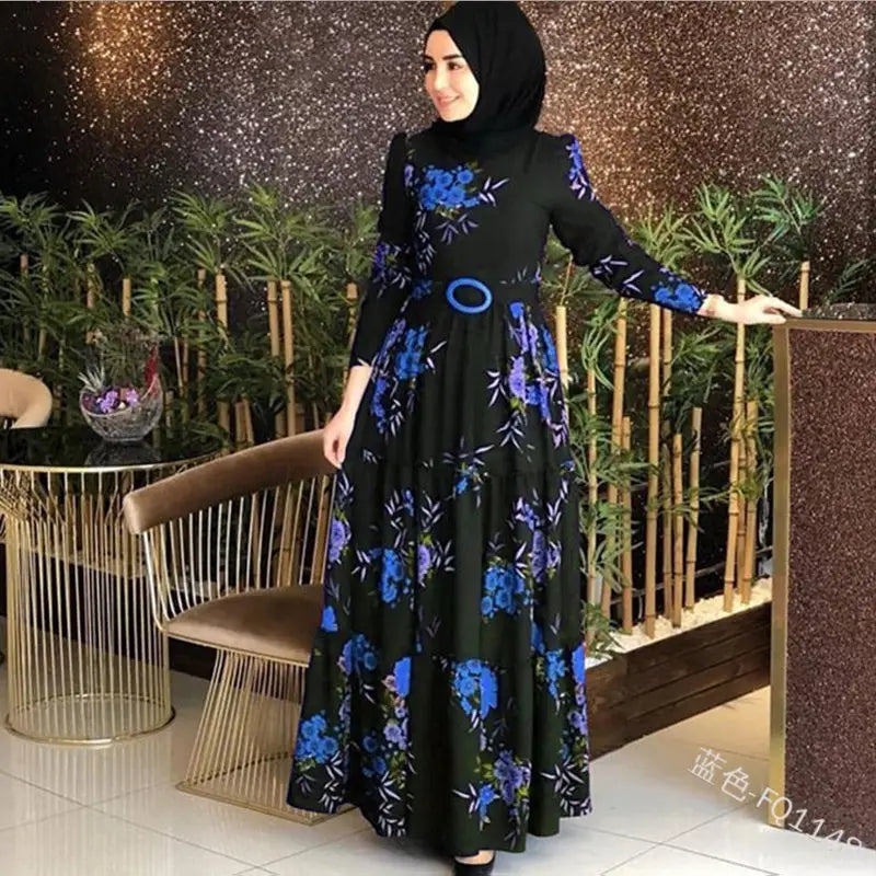 Women’S Printed Plus Size Muslim Dress 4Xl - Blue / S