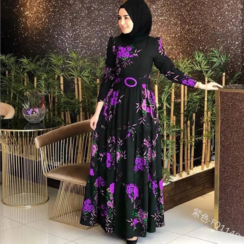 Women’S Printed Plus Size Muslim Dress 4Xl - Purple / S